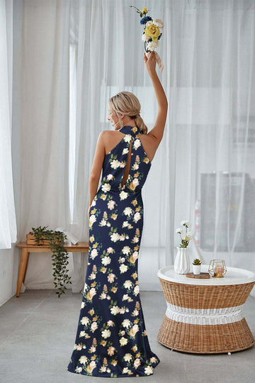 Navy Bloom Skede halterneck hals Satin lang brudepigekjole